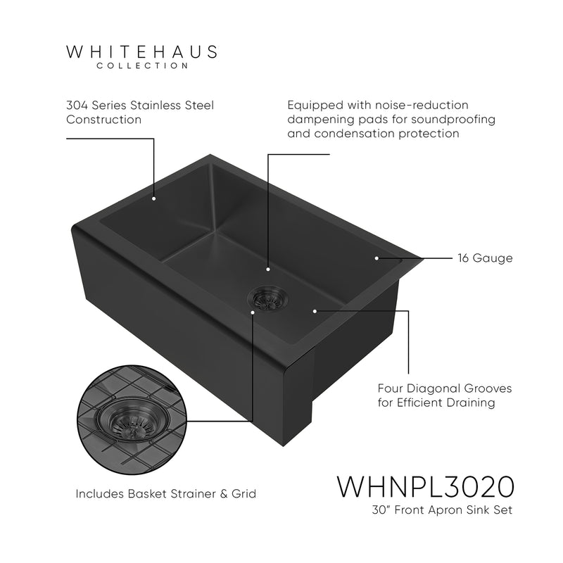 Whitehaus WHNPL3020-MBLK Noah Plus 30" Single Bowl 16 Gauge Undermount Front Apron Kitchen Sink Set - Matte Black