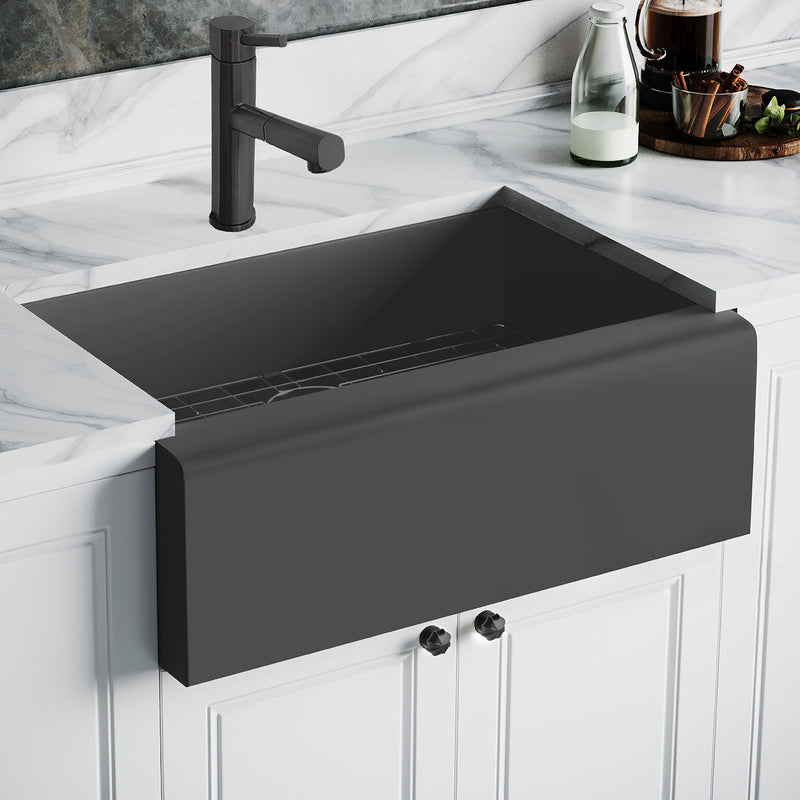 Whitehaus WHNPL3020-MBLK Noah Plus 30" Single Bowl 16 Gauge Undermount Front Apron Kitchen Sink Set - Matte Black