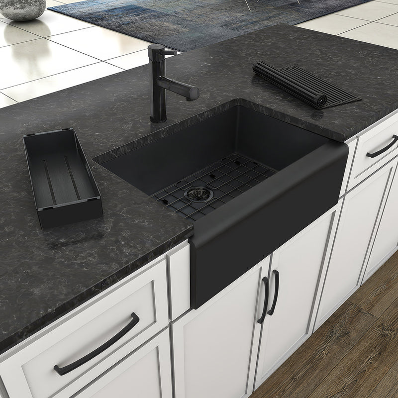 Whitehaus WHNPL3020-MBLK Noah Plus 30" Single Bowl 16 Gauge Undermount Front Apron Kitchen Sink Set - Matte Black