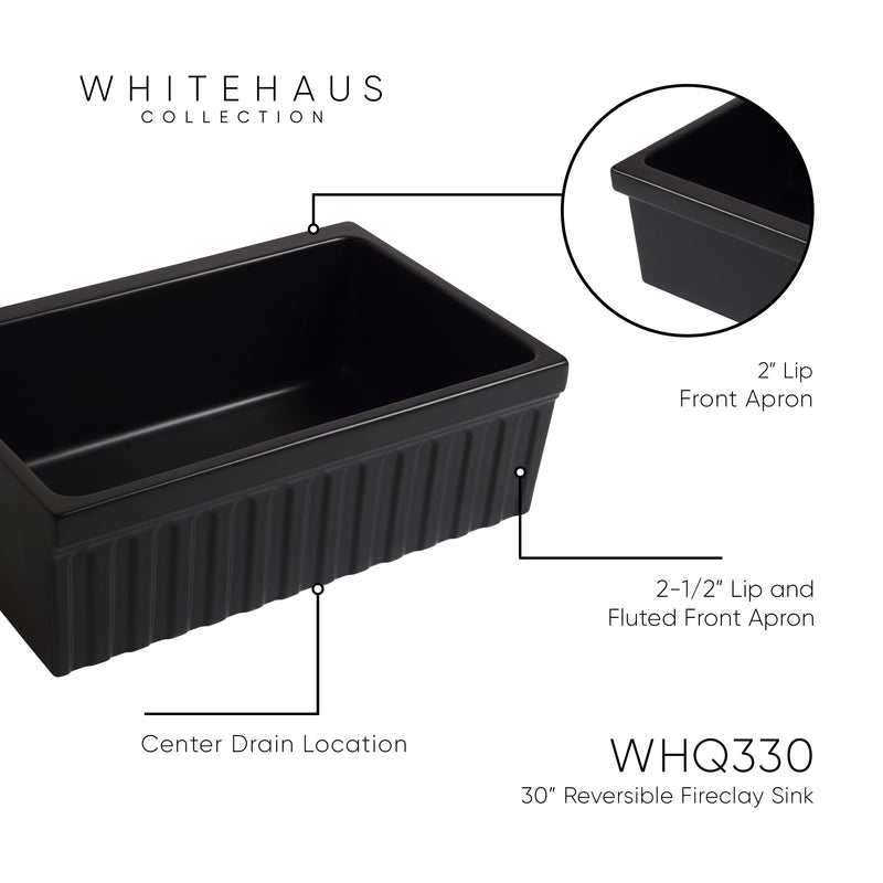 Whitehaus WHQ330-BLACK Quatro Alcove 30" Reversible Fireclay Front Apron Kitchen Sink - Black