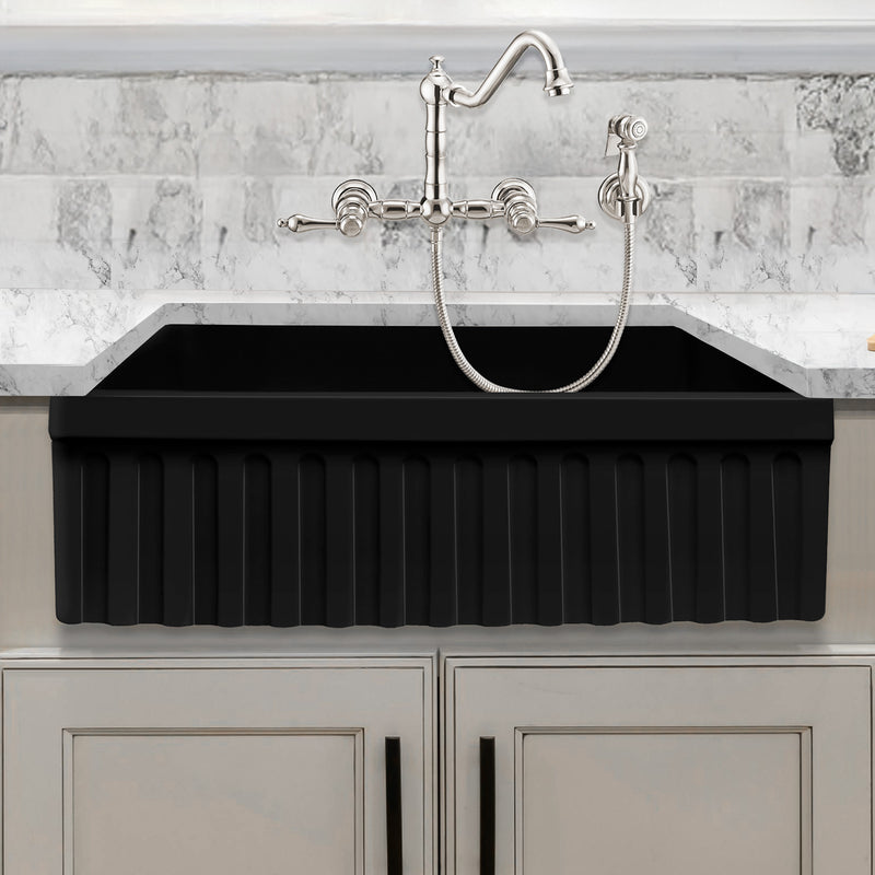 Whitehaus WHQ330-BLACK Quatro Alcove 30" Reversible Fireclay Front Apron Kitchen Sink - Black
