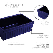 Whitehaus WHQ330-BLUE Quatro Alcove 30" Reversible Fireclay Front Apron Kitchen Sink - Sapphire Blue