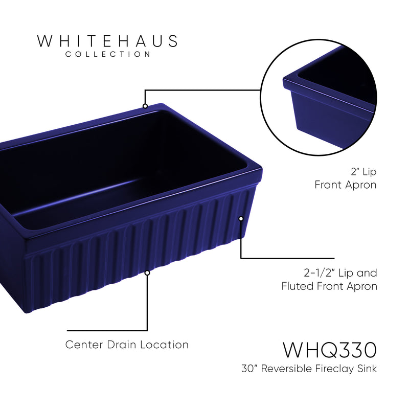 Whitehaus WHQ330-BLUE Quatro Alcove 30" Reversible Fireclay Front Apron Kitchen Sink - Sapphire Blue