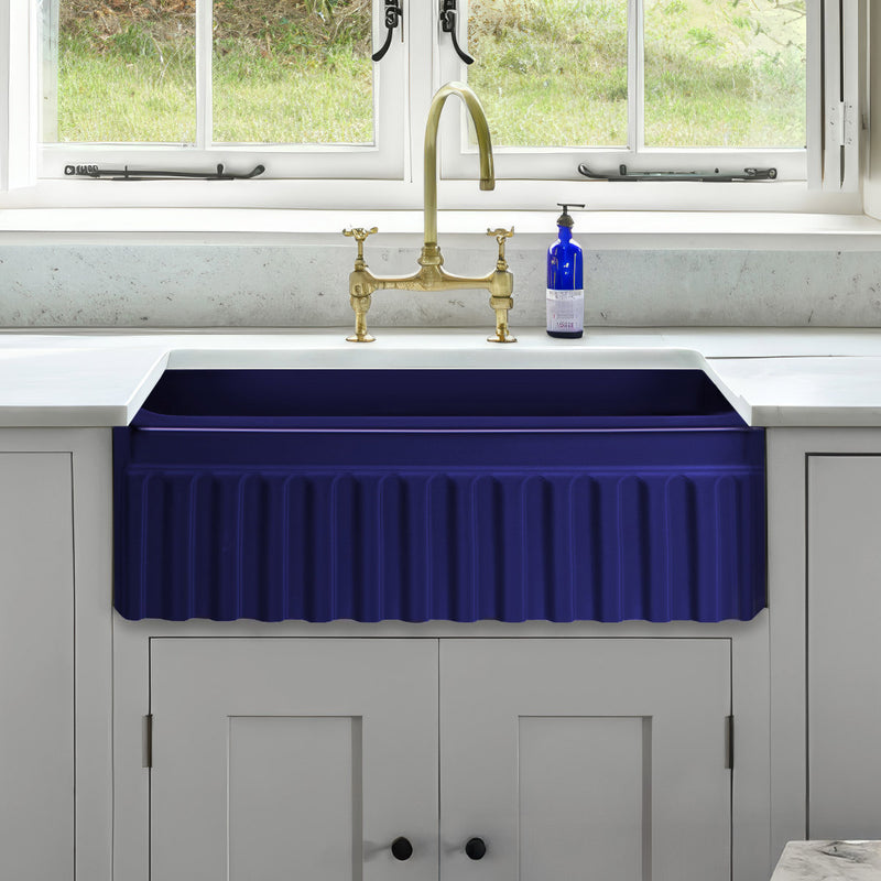 Whitehaus WHQ330-BLUE Quatro Alcove 30" Reversible Fireclay Front Apron Kitchen Sink - Sapphire Blue