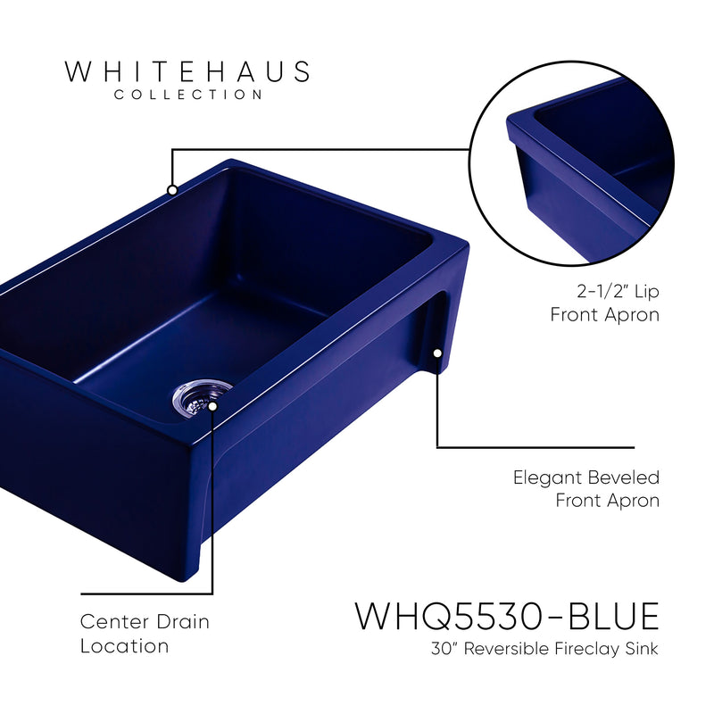 Whitehaus WHQ5530-BLUE Glencove 30" Reversible Fireclay Front Apron Kitchen Sink - Sapphire Blue