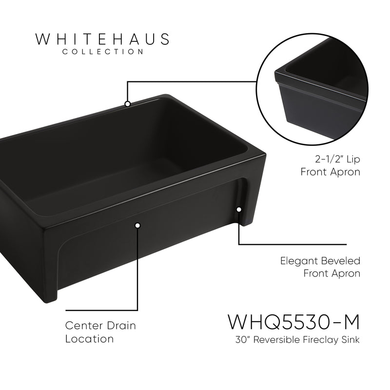 Whitehaus WHQ5530-M-BLACK Glencove 30" Reversible Fireclay Front Apron Kitchen Sink - Matte Black