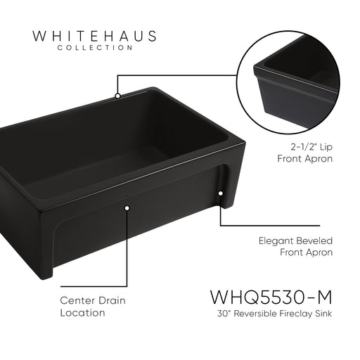 Whitehaus WHQ5530-M-BLACK Glencove 30" Reversible Fireclay Front Apron Kitchen Sink - Matte Black