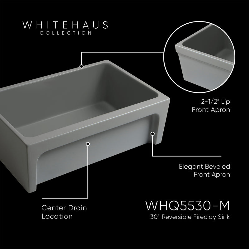 Whitehaus WHQ5530-M-CEMENT Glencove 30" Reversible Fireclay Front Apron Kitchen Sink - Matte Cement