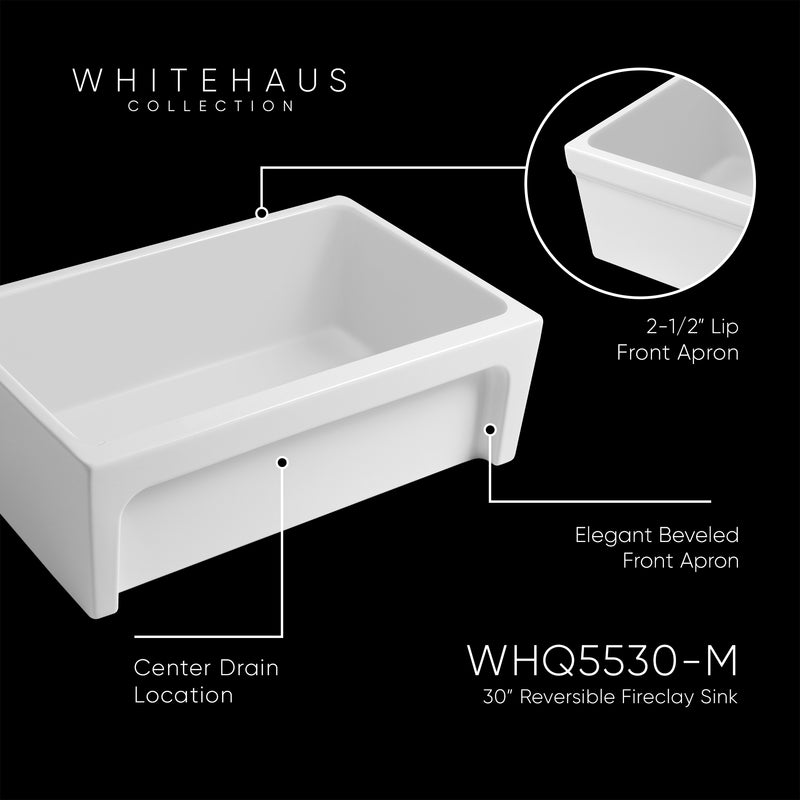 Whitehaus WHQ5530-M-WHITE Glencove 30" Reversible Fireclay Front Apron Kitchen Sink - Matte White