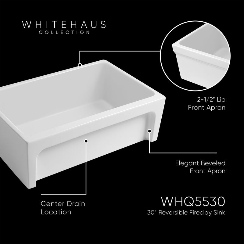 Whitehaus WHQ5530-WHITE Glencove 30" Reversible Fireclay Front Apron Kitchen Sink - White