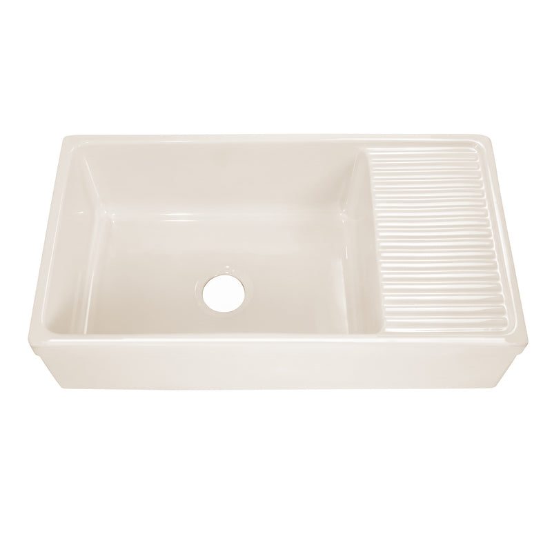 Whitehaus WHQD540-BISCUIT Quatro Alcove 36" Reversible Fireclay Front Apron Kitchen Sink with Drainboard - Biscuit
