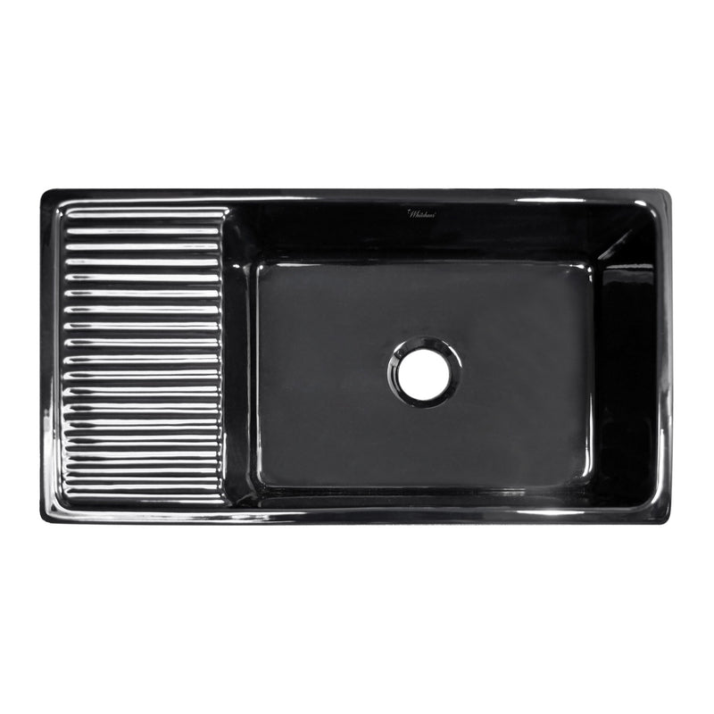 Whitehaus WHQD540-BLACK Quatro Alcove 36" Reversible Fireclay Front Apron Kitchen Sink with Drainboard - Black
