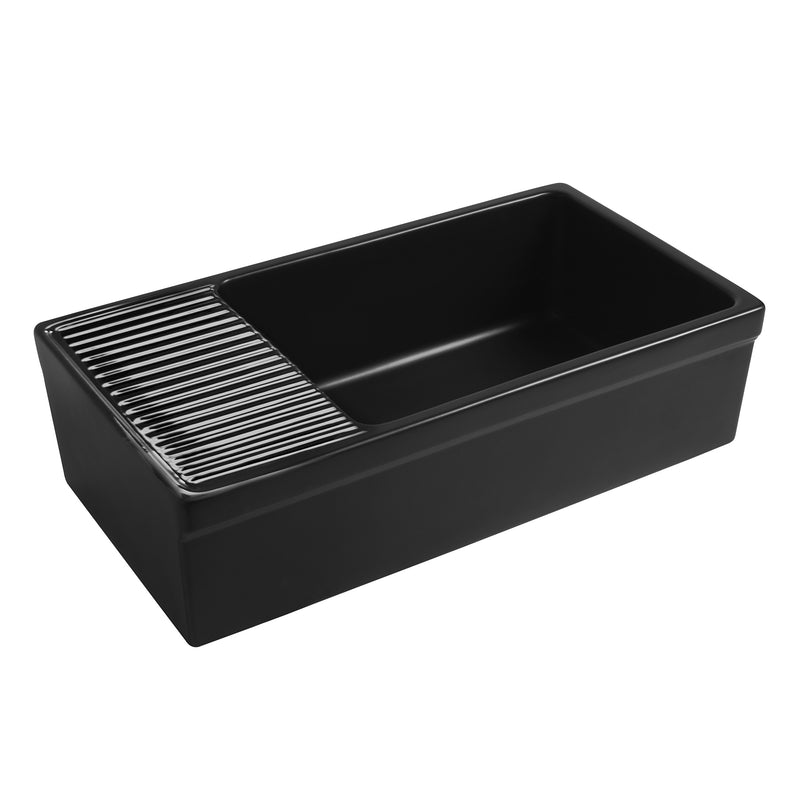 Whitehaus WHQD540-BLACK Quatro Alcove 36" Reversible Fireclay Front Apron Kitchen Sink with Drainboard - Black