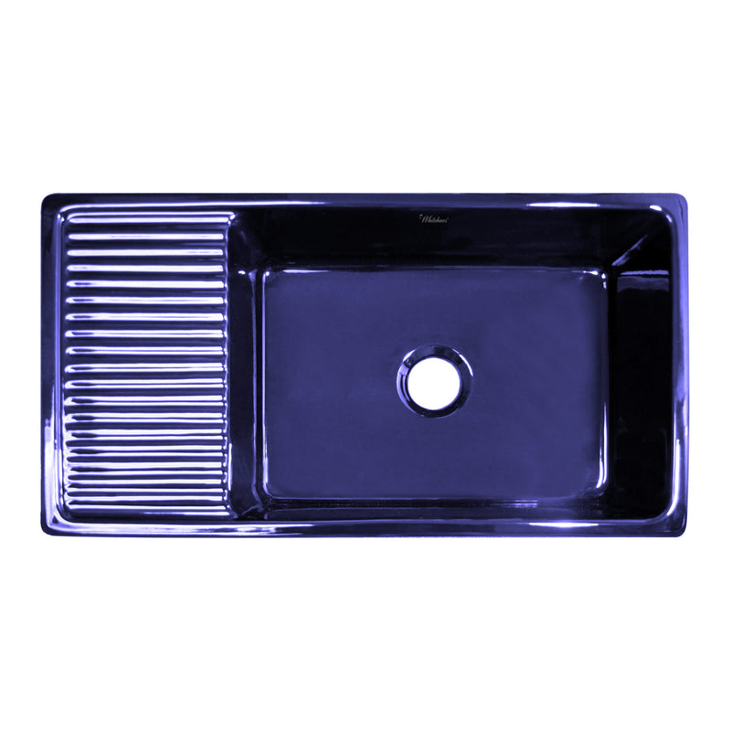 Whitehaus WHQD540-BLUE Quatro Alcove 36" Reversible Fireclay Front Apron Kitchen Sink with Drainboard - Sapphire Blue