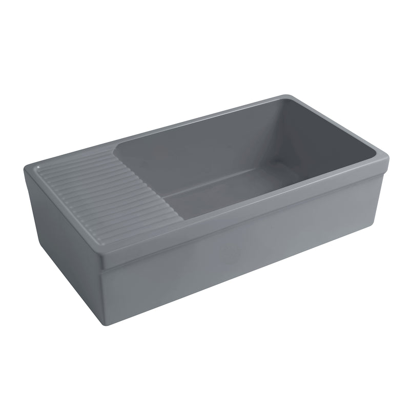 Whitehaus WHQD540-M-CEMENT Quatro Alcove 36" Reversible Fireclay Front Apron Kitchen Sink with Drainboard - Matte Cement