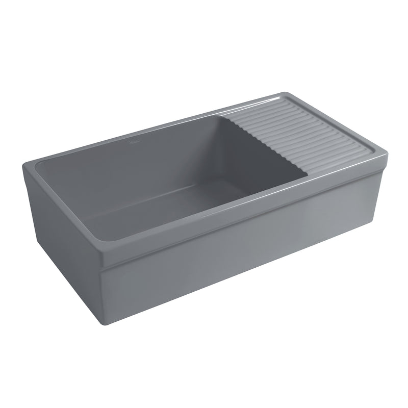 Whitehaus WHQD540-M-CEMENT Quatro Alcove 36" Reversible Fireclay Front Apron Kitchen Sink with Drainboard - Matte Cement
