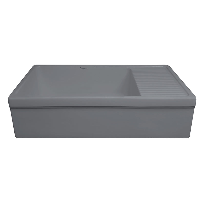 Whitehaus WHQD540-M-CEMENT Quatro Alcove 36" Reversible Fireclay Front Apron Kitchen Sink with Drainboard - Matte Cement