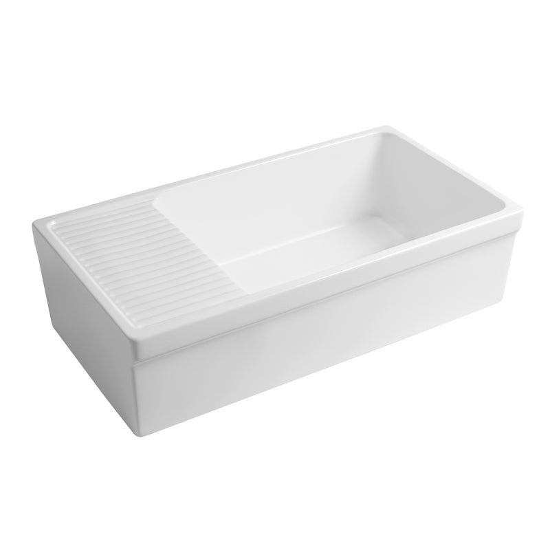 Whitehaus WHQD540-M-WHITE Quatro Alcove 36" Reversible Fireclay Front Apron Kitchen Sink with Drainboard - Matte White