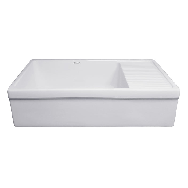 Whitehaus WHQD540-M-WHITE Quatro Alcove 36" Reversible Fireclay Front Apron Kitchen Sink with Drainboard - Matte White