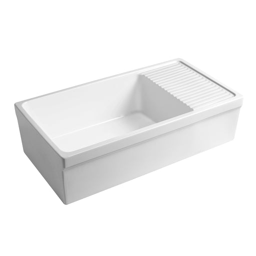 Whitehaus WHQD540-WHITE Quatro Alcove 36" Reversible Fireclay Front Apron Kitchen Sink with Drainboard - White