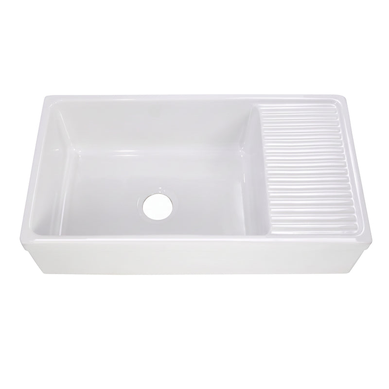 Whitehaus WHQD540-WHITE Quatro Alcove 36" Reversible Fireclay Front Apron Kitchen Sink with Drainboard - White