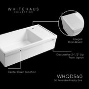 Whitehaus WHQD540-WHITE Quatro Alcove 36" Reversible Fireclay Front Apron Kitchen Sink with Drainboard - White