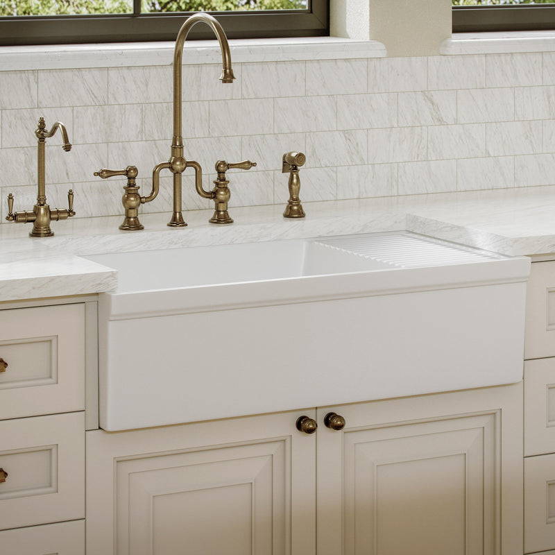 Whitehaus WHQD540-WHITE Quatro Alcove 36" Reversible Fireclay Front Apron Kitchen Sink with Drainboard - White