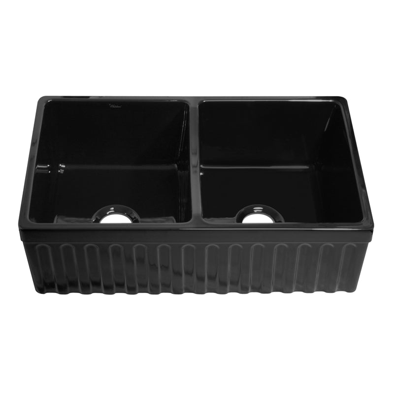 Whitehaus WHQDB332-BLACK Quatro Alcove 33" Double Bowl Reversible Fireclay Front Apron Kitchen Sink - Black