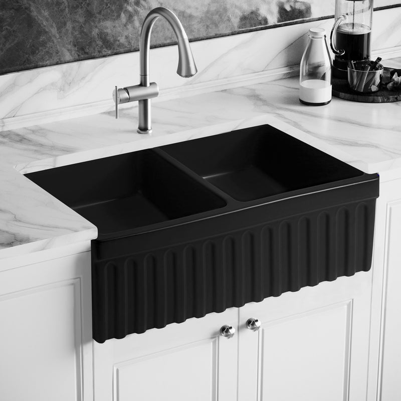Whitehaus WHQDB332-BLACK Quatro Alcove 33" Double Bowl Reversible Fireclay Front Apron Kitchen Sink - Black