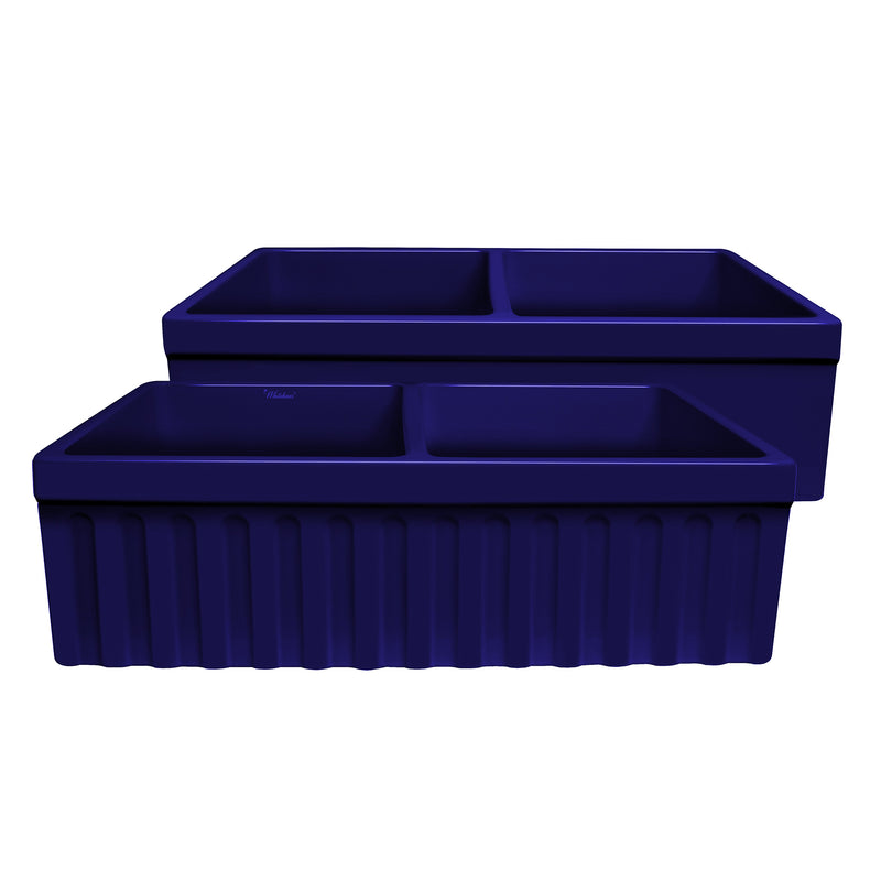 Whitehaus WHQDB332-BLUE Quatro Alcove 33" Double Bowl Reversible Fireclay Front Apron Kitchen Sink - Sapphire Blue