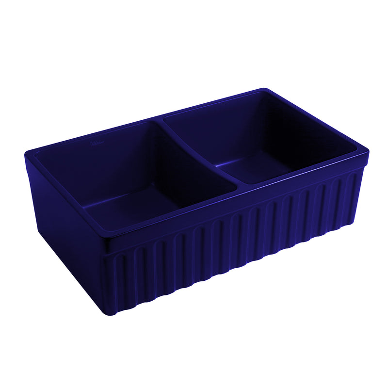Whitehaus WHQDB332-BLUE Quatro Alcove 33" Double Bowl Reversible Fireclay Front Apron Kitchen Sink - Sapphire Blue