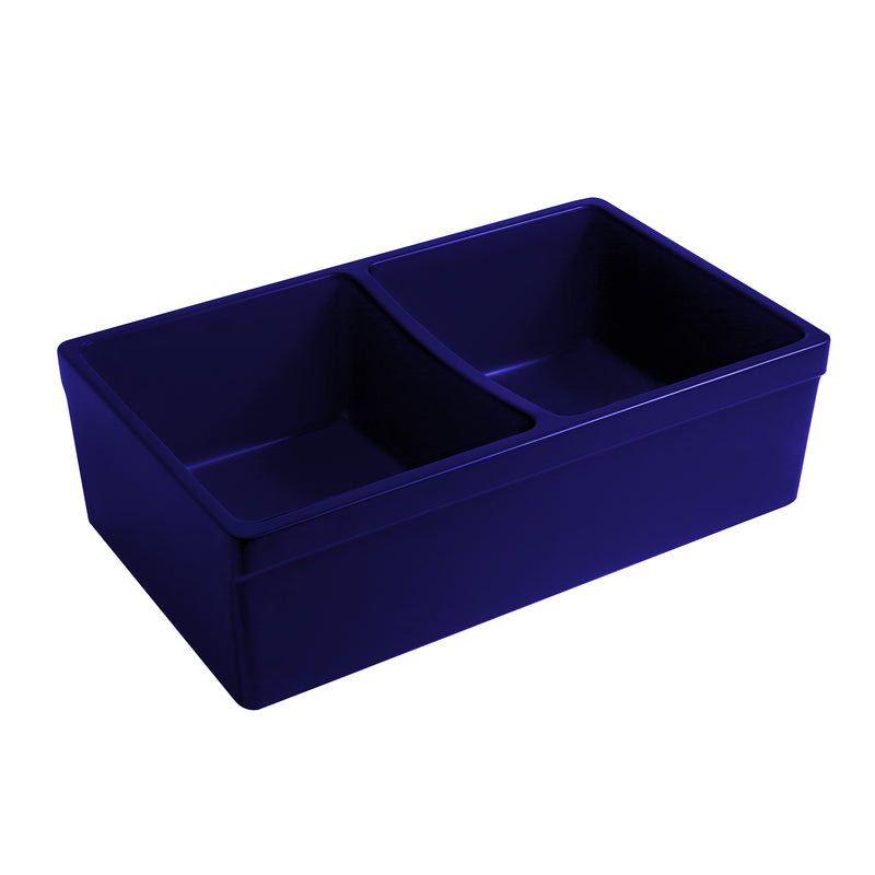 Whitehaus WHQDB332-BLUE Quatro Alcove 33" Double Bowl Reversible Fireclay Front Apron Kitchen Sink - Sapphire Blue