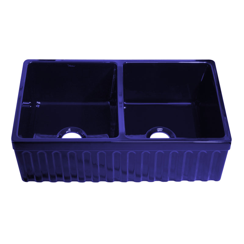 Whitehaus WHQDB332-BLUE Quatro Alcove 33" Double Bowl Reversible Fireclay Front Apron Kitchen Sink - Sapphire Blue