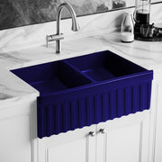 Whitehaus WHQDB332-BLUE Quatro Alcove 33" Double Bowl Reversible Fireclay Front Apron Kitchen Sink - Sapphire Blue