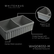 Whitehaus WHQDB332-M-CEMENT Quatro Alcove 33" Double Bowl Reversible Fireclay Front Apron Kitchen Sink - Matte Cement