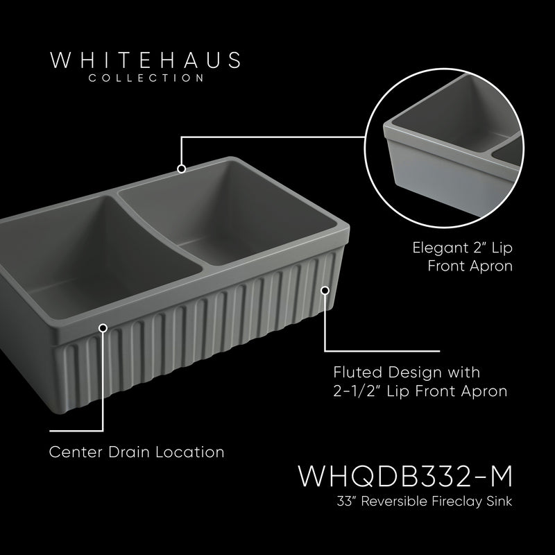 Whitehaus WHQDB332-M-CEMENT Quatro Alcove 33" Double Bowl Reversible Fireclay Front Apron Kitchen Sink - Matte Cement