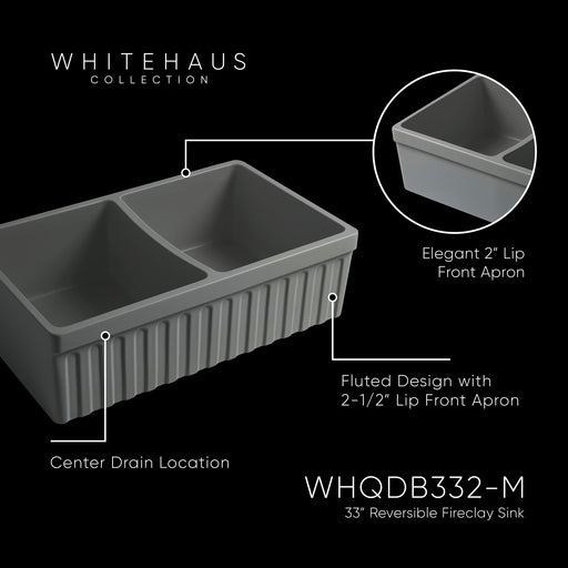 Whitehaus WHQDB332-M-CEMENT Quatro Alcove 33" Double Bowl Reversible Fireclay Front Apron Kitchen Sink - Matte Cement