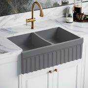 Whitehaus WHQDB332-M-CEMENT Quatro Alcove 33" Double Bowl Reversible Fireclay Front Apron Kitchen Sink - Matte Cement