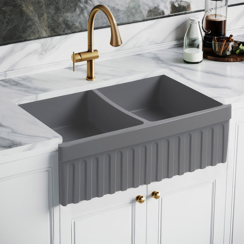 Whitehaus WHQDB332-M-CEMENT Quatro Alcove 33" Double Bowl Reversible Fireclay Front Apron Kitchen Sink - Matte Cement