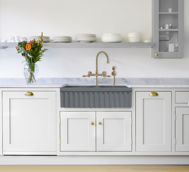 Whitehaus WHQDB332-M-CEMENT Quatro Alcove 33" Double Bowl Reversible Fireclay Front Apron Kitchen Sink - Matte Cement