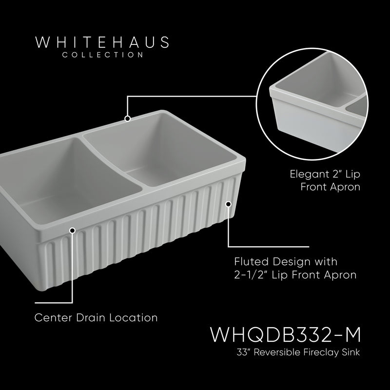 Whitehaus WHQDB332-M-LIGHTCEMENT Quatro Alcove 33" Double Bowl Reversible Fireclay Front Apron Kitchen Sink - Light Cement
