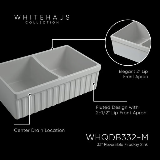 Whitehaus WHQDB332-M-LIGHTCEMENT Quatro Alcove 33" Double Bowl Reversible Fireclay Front Apron Kitchen Sink - Light Cement