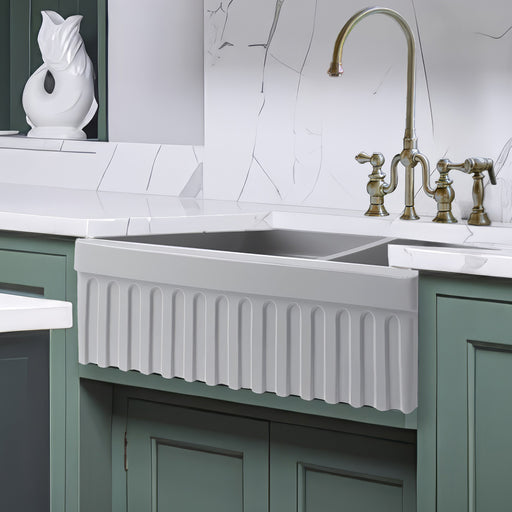 Whitehaus WHQDB332-M-LIGHTCEMENT Quatro Alcove 33" Double Bowl Reversible Fireclay Front Apron Kitchen Sink - Light Cement