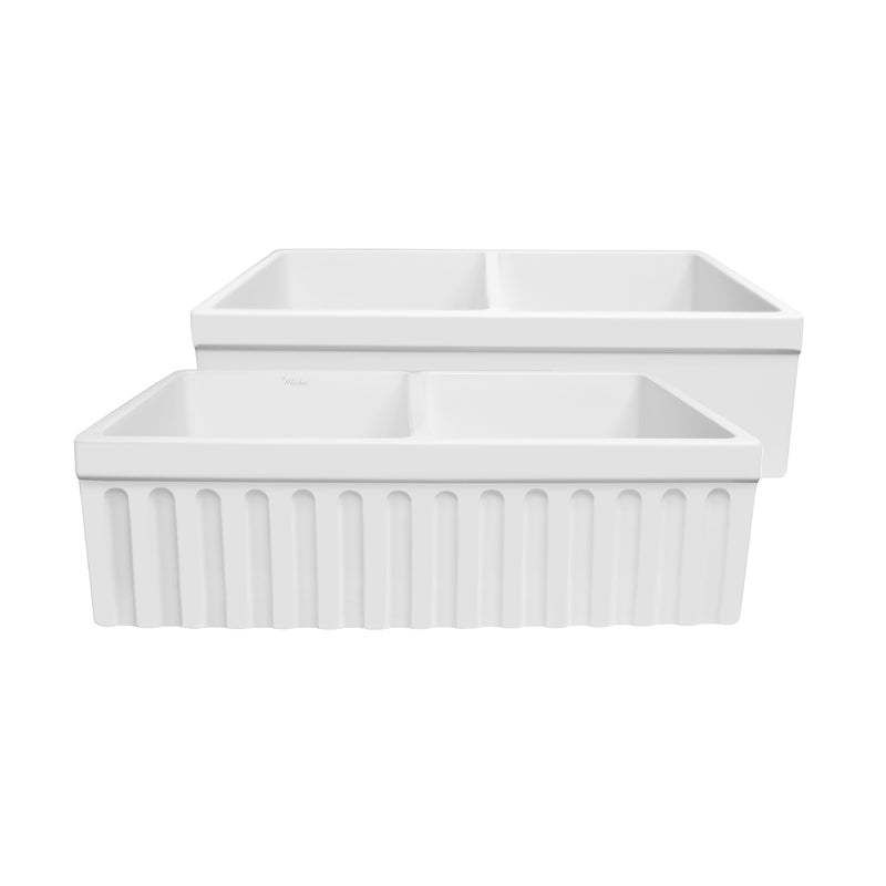 Whitehaus WHQDB332-M-WHITE Quatro Alcove 33" Double Bowl Reversible Fireclay Front Apron Kitchen Sink - Matte White