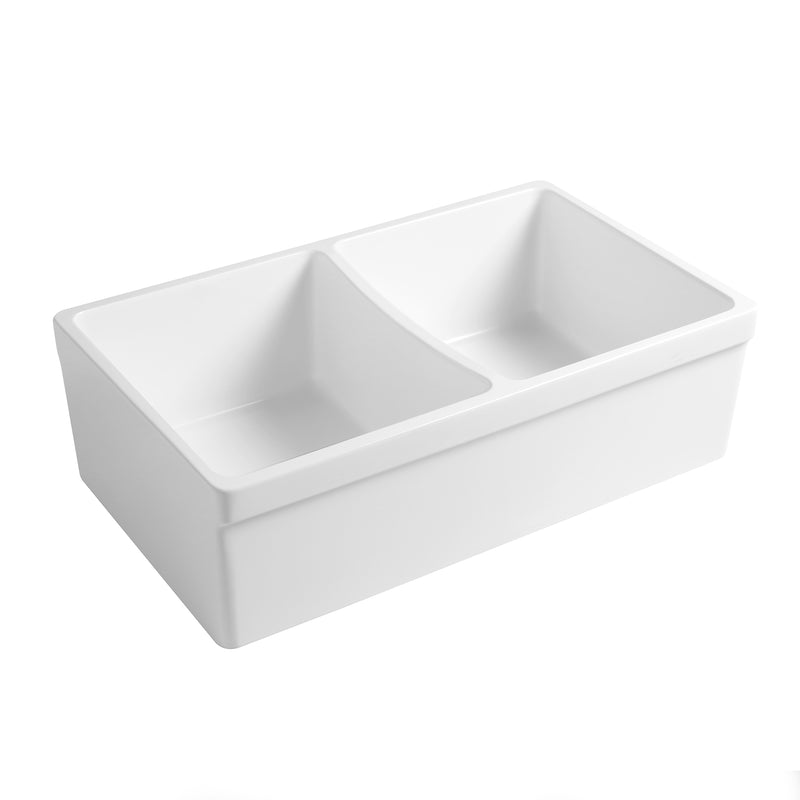 Whitehaus WHQDB332-M-WHITE Quatro Alcove 33" Double Bowl Reversible Fireclay Front Apron Kitchen Sink - Matte White
