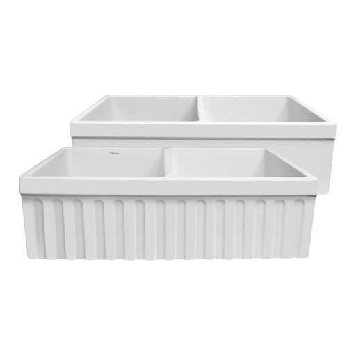 Whitehaus WHQDB332-WHITE Quatro Alcove 33" Double Bowl Reversible Fireclay Front Apron Kitchen Sink - White