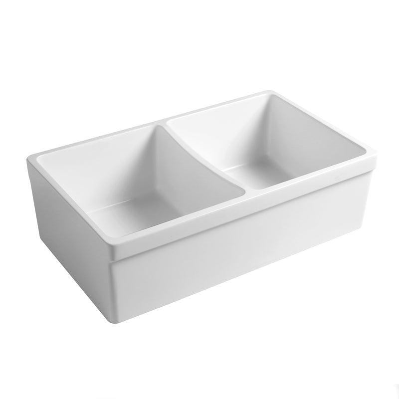 Whitehaus WHQDB332-WHITE Quatro Alcove 33" Double Bowl Reversible Fireclay Front Apron Kitchen Sink - White