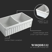 Whitehaus WHQDB332-WHITE Quatro Alcove 33" Double Bowl Reversible Fireclay Front Apron Kitchen Sink - White