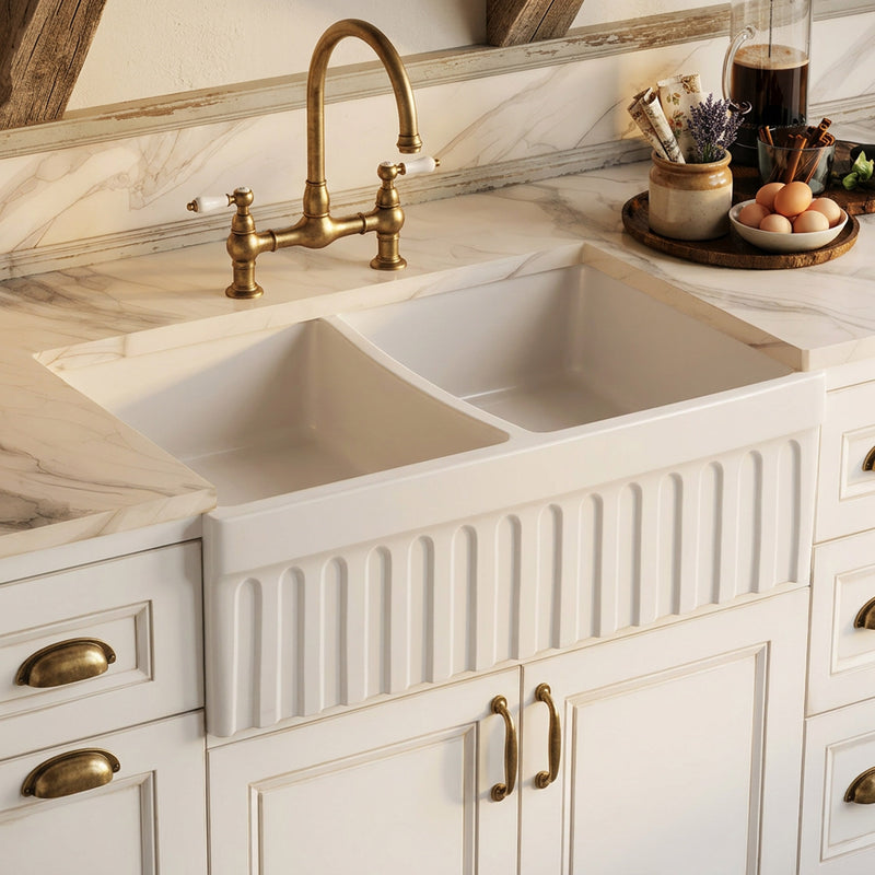 Whitehaus WHQDB332-WHITE Quatro Alcove 33" Double Bowl Reversible Fireclay Front Apron Kitchen Sink - White
