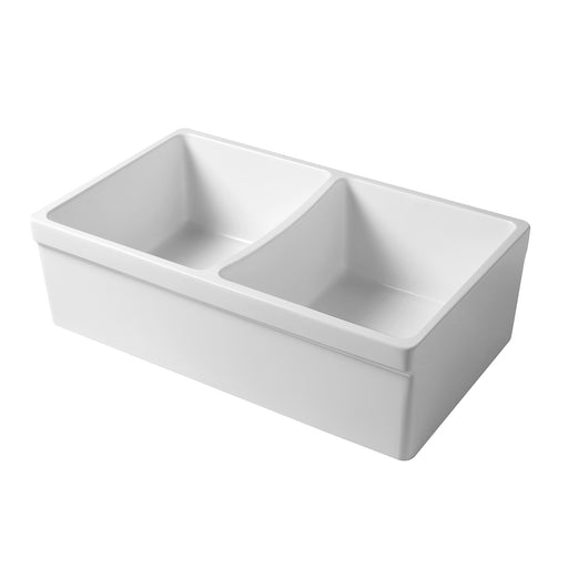 Whitehaus WHQDB532-WHITE Quatro Alcove 33" Double Bowl Reversible Fireclay Front Apron Kitchen Sink - White